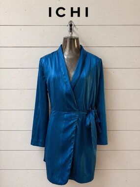ICHI Blue Satin Wrap Dress Size 36 Teal